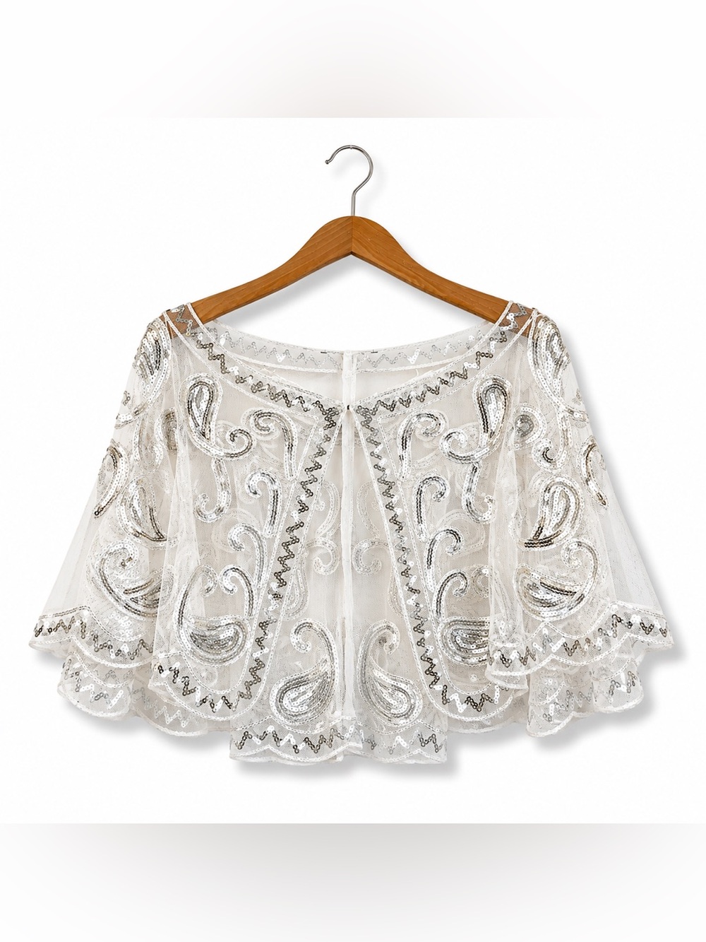 VINTAGE Sheer Mesh Sequin Embroidered Festival Capelet Cover Up Silver